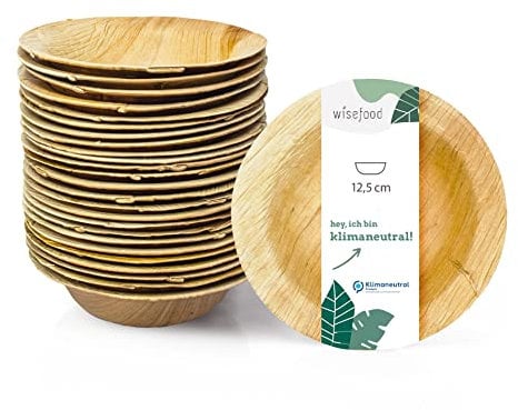 wisefood Palmblatt Snackteller - 25 Stück Einweg Teller rund Ø 14 cm - Biologisch abbaubares Palmblattgeschirr - Einweggeschirr ideal als Suppenteller, Salatteller oder Pastateller - 200ml
