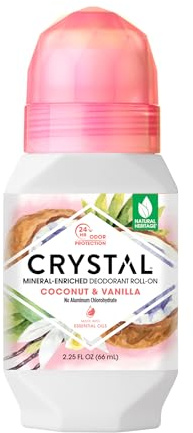 CRYSTAL Mineral Deodorant Coconut Vanilla Roll-On Body Deodorant With 24-Hour Odor Protection, Paraben Free, 2.25 FL OZ (Packaging May Vary) (2.25 Fl Oz/66ml)