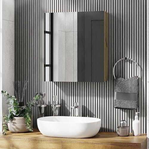 Planetmöbel Merkur Spiegelschrank Bad 60 cm breit | Badschrank hängend mit Spiegel | Artizan Eiche, ohne Leuchte, Spiegelschrank Gäste WC 60x67 x 16 cm