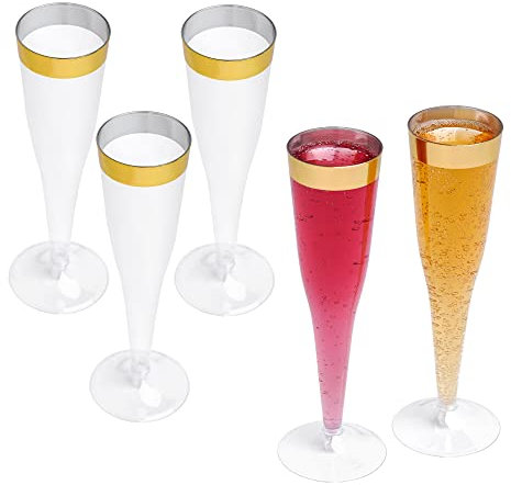 STACKABLES 24 Pack Reusable Champagne Flutes with Gold Rim – 6oz (177ml), 2-Piece Design, Clear Plastic, Elegant Tall Reusable Glasses for Weddings, Parties, and Celebrations