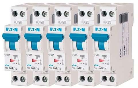 EATON 264747 PLG4-C20/1N - DISJONCTEUR MODULAIRE PH/N - Blanc - MANETTE BLEUE - 1P+N / 20 A - COURBE C - Raccordement à vis - 5 disjoncteurs