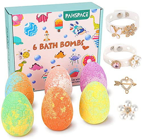 Bath Bombs for Kids, Panspace 6 Pack Dino Egg Kids Bath Bombs with Surprise Inside, Bath Bomb Gift Set with 2 Silicone Bracelets and 6 DIY Jewels Shoe Charms for Birthday Christmas