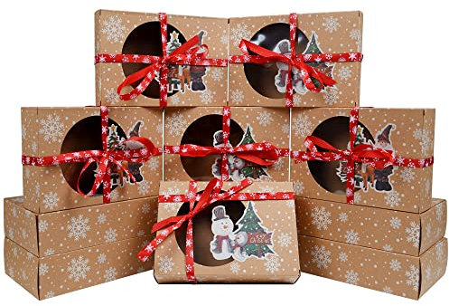 AWCIGG 12 pezzi Scatole Regalo Natalizie Scatole Cartone di Natale per Biscotti Dolci Scatoline Porta Biscotti con Finestra Trasparente Carta oleata e nastri Boxes Christmas Cake Box