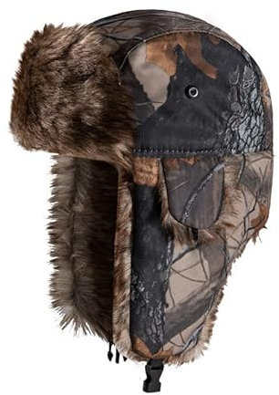 Unisex Winter Beanie Warm Trooper Trapper Mütze mit Ohrenklappen Winddicht Kunstfell Camo Jagd Hüte Outdoor Ski Schneekappe Kopfwärmer, Schwarz , Einheitsgröße