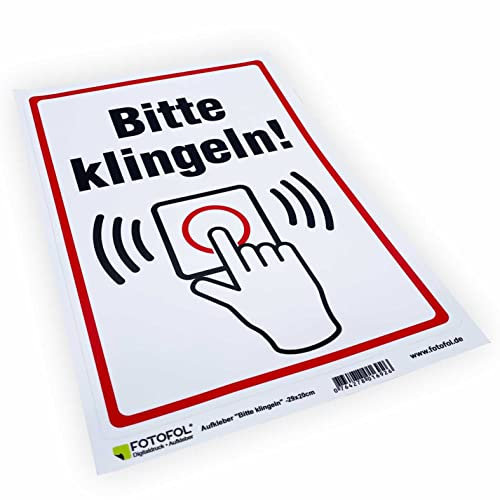 FOTOFOL Aufkleber 'Bitte klingeln' - Hinweisaufkleber für Innen- und Außenbereich, Vinyl, Weiß, Glänzend, 29x20cm, Made in Germany