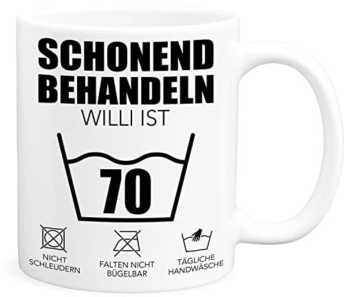 Schonend Behandeln 70 Tasse personalisiert mit Namen Spruch runder Geburtstag Geschenk für Männer & Frauen Geburtstagsgeschenk Kaffeetasse 70 Jahre