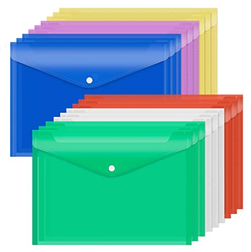 18 Packs Plastic Wallet Poly Envelopes, A4 Clear File Bags Document Folders Document Organizers with Snap Button for Document Stationery Tools Organization,Assorted Colors