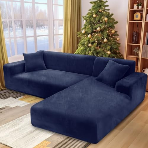 NAKIHOUSE Dicke Samt Sofa Überwürfe Sofabezug mit einem Kissenbezug, Superweicher Elastische Sofa Abdeckung in Blau Farbe für 1/2/3/4 Sitzer(L-förmiges Ecksofa erfordert Zwei)