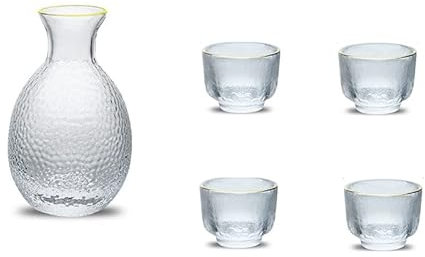 GImLY Juego de Sake, diseño de Martillo de Cristal con Adornos Dorados, 1 Botella de Sake Transparente de Cristal, 4 Tazas de Sake, Jarra de Sake frío/Caliente/Caliente, Juego japones