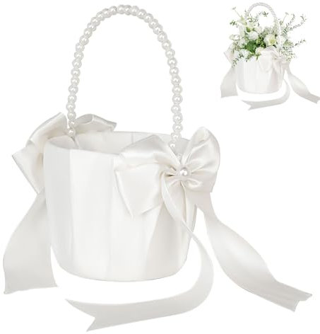 Lowats Hochzeit Blumenkorb mit Bowknot - Blumenmädchen & Blumenkinder Korb in Weiß - Satin Hochzeit Streukörbchen für Blumenkinder