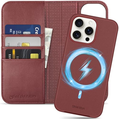 SHIELDON Hülle für 15 iPhone Pro Max, 2 IN 1 Case [Echtleder] [Abnehmbar] [kabelloses Aufladen] [RFID] [Kartenfach] [Ständer] [Magnet] Ledertasche Kompatibel mit iPhone 15 Pro Max 6,7 - Weinrot