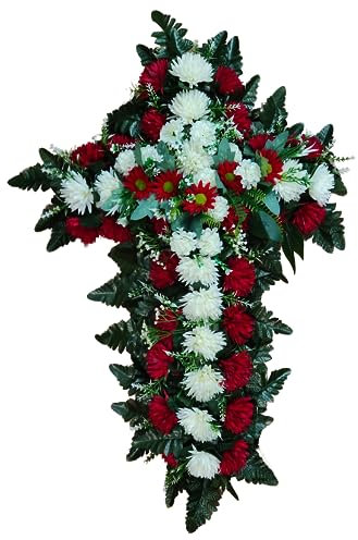 DRW Künstliches Blumenkreuz, Weiß und Rot, mit Chrysanthemen für Friedhof, Heilige, Kirchen, Ampersare, 95 x 52 x 15 cm