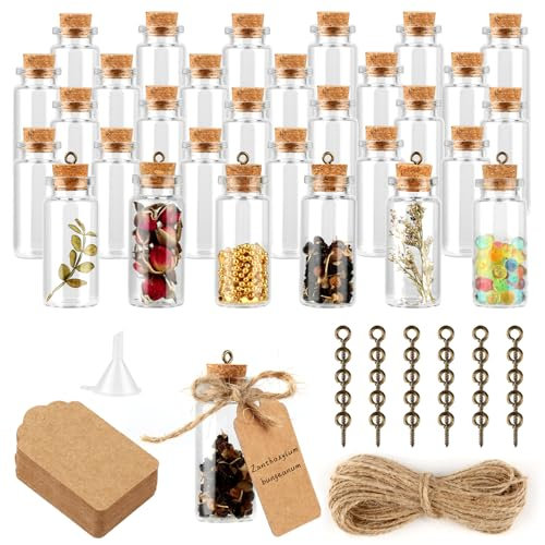 YONGQING 35 Stück Reagenzglas Mit Korken, 10ml Mini Glasflaschen, Kleine Glasflaschen Zum Befüllen(Mit Herzanhänger, Karten, Seil,Trichter) Kleine Glasflaschen Für DIY, Gewürzgläser, Vorratsglas