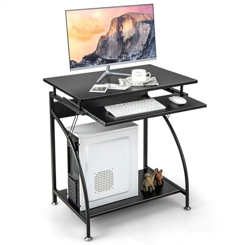 CASART Computer Desk, Space-Saving Computer Workstation with Monitor Shelf and Keyboard Tray, Black PC Desk Laptop Table for Small Spaces Home Office