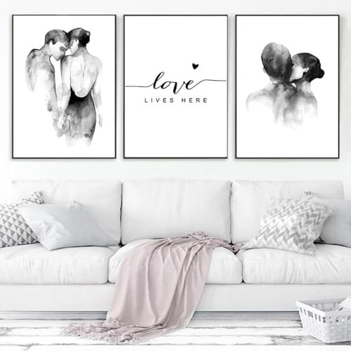 AWKFHF Tableau Décoration Murale Noir et Blanc Aquarelle Couples Amour,Toile Peinture Impression sur Toile sans Cadres Affiche Chambre Salon (3X40X60CM,sans Cadre)