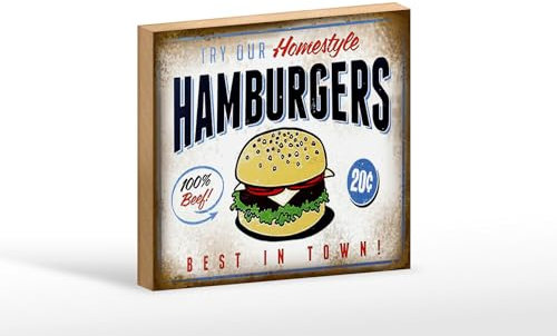 Holzschild Spruch 18x12cm Hamburger best in town 100% Beef Deko Schild