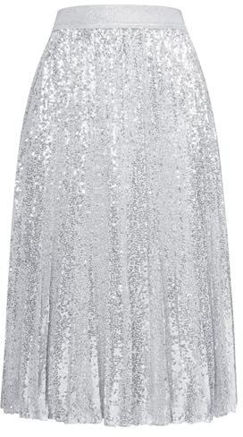 Rock Damen Sommer Elastische Taille Midi Faltenrock Silber Damen Festlich Einfarbig L Silber -3