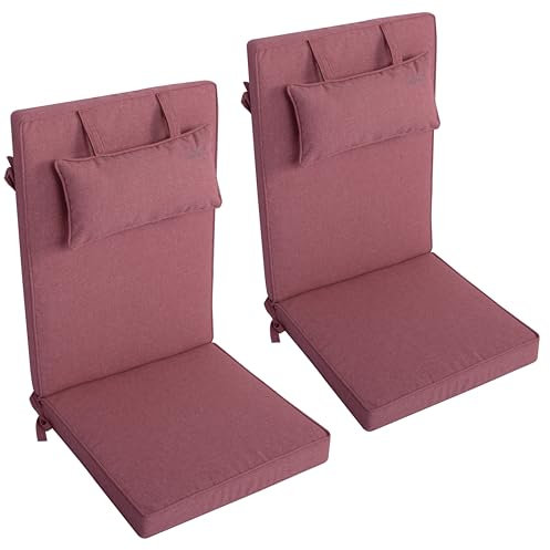 LILENO HOME Gartenstuhl Auflagen mit Kopfkissen [2er Set - Hochlehner] in Rot - Sitzauflagen für Gartenmöbel - Stuhlkissen für Gartenstühle und Klappstühle Dub