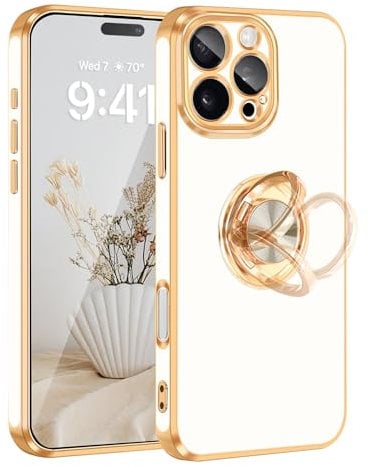 Fingic for iPhone 16 Pro Max Case[with 360°Rotatable Ring Holder][Support Magnetic Car Mount]Shiny Plating Gold Slim Fit Thin Soft TPU Bumper Shockproof Case for iPhone 16 Pro Max for Girls Boy,White