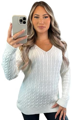 Stylish Doll Long Sleeve V-Neck Knitted Cable Women's Jumper Knitted Sweater Pull Over Jumper Top Knit Warm Winter Everday Chunky Casual Pullover Ladies Plain Tops UK (Cream, 8-10)