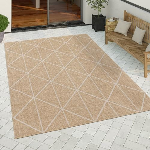 Paco Home Outdoor Teppich wetterfest modernes Boho Skandi Rauten-Muster Robustes Flachgewebe in Sisaloptik pflegeleicht ideal für Balkon, Terrasse & Küche, Grösse:240x340 cm, Farbe:Beige 2