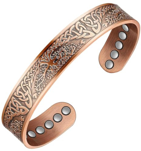 12 braccialetti magnetici in rame per uomo e donna, regalo per San Valentino, albero della vita, 100% rame massiccio, con 3500 magneti Guass, misura regolabile, con confezione regalo