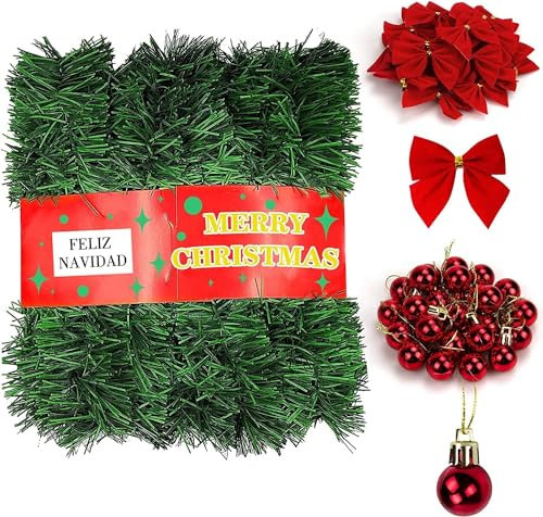 72Feet Ghirlanda Natalizia, ICNOW Ghirlanda di Natale con 24 Ornamenti di Palle di Natale e 36 Fiocchi, Artificiale Pino Ghirlande Natale per la Festa di Matrimonio, Casa, Vacanza