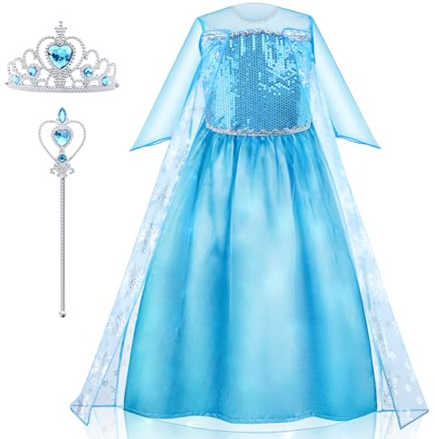 AYBUY Prinzessin Kleid Kostüm Kinder Mädchen, Blaues Prinzessinnenkleid | mit Krone Zauberstab, Geeignet für Weihnachten, Halloween, Karneval, Geburtstag Party, Cosplay, Verkleidung