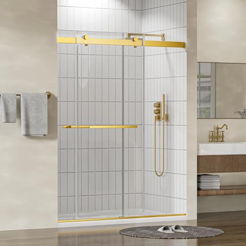 Findepot Rahmenlose Duschtür, 142,4 - 152,4 cm breit x 190 cm hoch, doppelte Schiebetür, transparentes gehärtetes Glas, 8 mm, leise schließendes Design, Gold