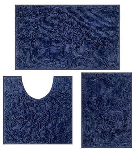 COMPOLICY Badvorleger Set 3-Teilig-Weiches Badematten Set mit Rutschfester, Chenille Saugfähige Badteppiche Sets für Badezimmer, Toilette und Dusche-Maschinenwaschbar (Dunkelblau)