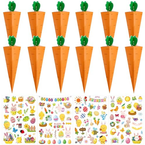 12 Stück Ostern Karotten Geschenkbox,Osternest zum Befüllen mit 4 Sheets Stickers,Osternester Basteln Kinder,Deko Ostergeschenke Kinder