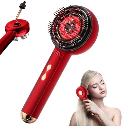 Kopfmassagegerät Elektrisch, 2025 Neu 2-in-1 Kopfhaut-Massagegerät, 360° Rotlicht Elektrische Massagekamm Kopfhaut Massagebürste mit Haarölspender 3 Modi zur Massage und Kopfhautpflege (Rot)