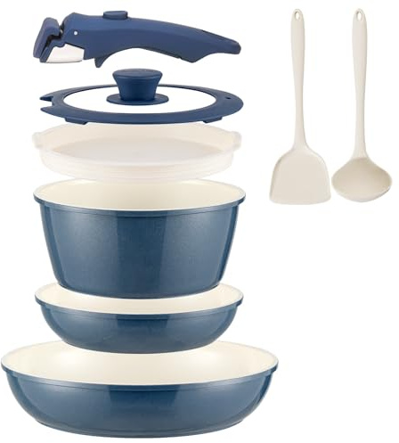 COICUR Keramik Topfsets Pfannenset mit Abnehmbaren Griff Induktion 8-Teilig, Platzsparendes Kochgeschirr Bratpfannen Backofen- & Spülmaschinenfest, PFAS/PFOA-frei, Blau