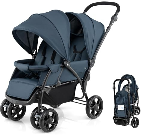 RELAX4LIFE Passeggino Pieghevole Gemellare con Ruote Universali, 2 Cintura di Sicurezza a 5 Punti, 2 Tettoie Regolabili, Maniglia Regolabile per Neonati 0-36 Mesi (blu)