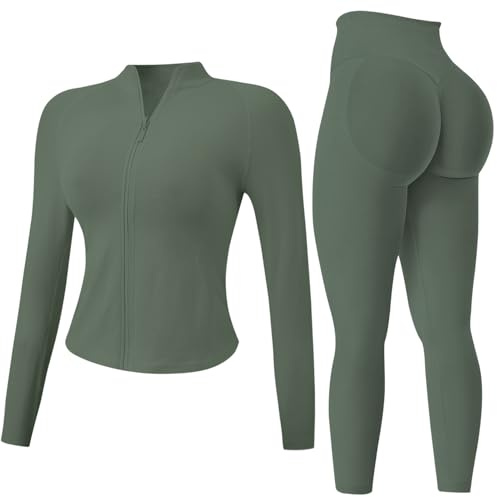 JN JANPRINT 2-teiliges Fitness-Set für Damen, Trainingsanzug, Sweatanzug, Yoga-Anzug, langärmelig, Activewear, Reißverschluss, Top, Workout-Leggings, Fitness-Kleidung, olivgrün, M