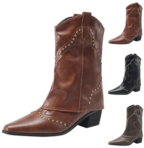 FGUUTYM Stivaletti medievali da donna in pelle PU, stile retrò, da cowboy, con dita dei piedi, da cowboy, marrone, 35 EU