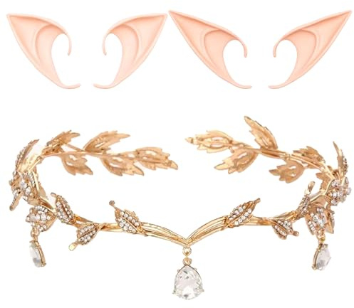 Vyqrx Elfenohren und Tiara Set, 2 Paar Lange und Kurze Polyester Ohren mit Kristall Gold Fee Prinzessin Stirnband, Cosplay und Party Zubehör (Gold)