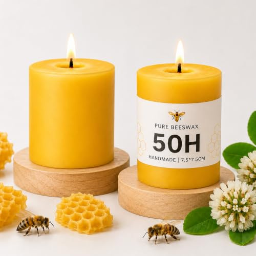2Pcs Yellow Beeswax Pillar Candles, Each 50 Hours Burning, 7.5cm W x7.5cm H | Natural Paraffin-free Handmade Candles, Pure Organic Beeswax, Perfect for Relaxation, Ambiance, Home Decorations