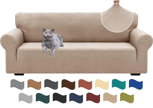 Ystyle Universal Stretch Sofa Überzug 3 Sitzer Jacquard, Khaki | Sofabezug Rutschfest mit Armlehne, Elastische Couch Überzug, Sofa Cover Moderne, Sofaschoner Hund Katze für Wohnzimmer