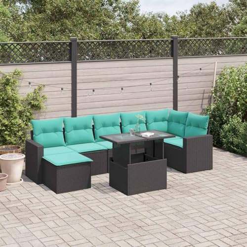 QJBSAVVA 8-teiliges Gartensofa Set Schwarz mit höhenverstellbarem Tisch 62x62x69 cm PE Rattan Outdoor Lounge für Balkon Terrasse und kleine Gärten