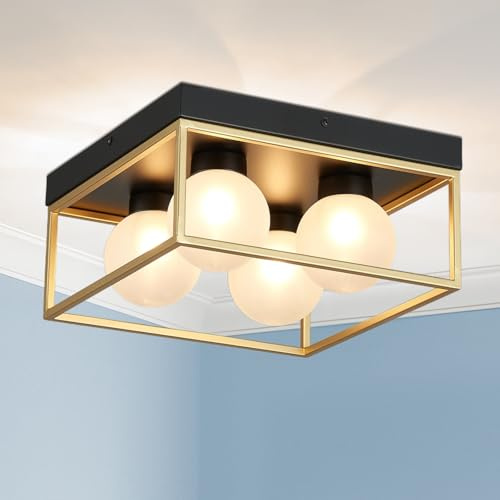 SHRINE Lighting Bubble-Glas Deckenleuchte, Rechteckige Schwarz-Gold Einbau-Deckenleuchte für Wohnzimmer, D28 x H15cm, 4x G9 Fassungen, Kugelglas-Schirm & Rahmen mit schwarz Finish