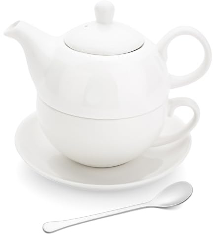 Teapot and Cup Set for One - Ceramic Teapot with Teacup and Saucer Afternoon Tea Set (White)