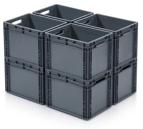 RODOPI 8x Eurobox 40x30x32 cm, stapelbar, graue Transportbox aus PP-Kunststoff, Eurobehälter mit 2 Grifföffnungen, Aufbewahrungsbox für Lager, Werkstatt, Haushalt