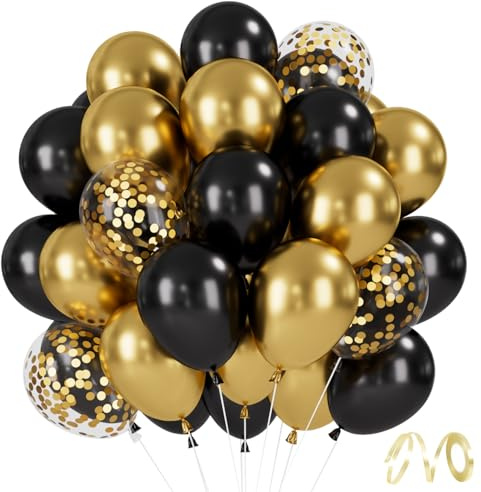 Luftballons Schwarz Gold, 30 Stück Schwarze Metallic Gold Luftballon, 12 Zoll Goldene Konfetti Helium Ballons für Abschluss Geburtstag Hochzeit Ruhestand EID Ramadan Neujahr Silvester Party