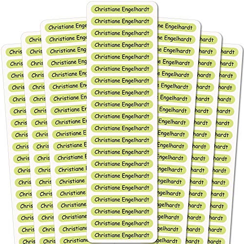 INDIGOS UG Namensaufkleber Kinder - 51x7 mm - 140 Stück Sticker für Kinder, Schule und Kindergarten - Stifte, Federmappe, Lineale - hellgrüner Hintergrund - individueller Aufdruck