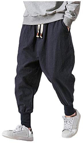 LifeHe Men Linen Drop Crotch Wide Leg Baggy Harem Pants, Blue, XXL