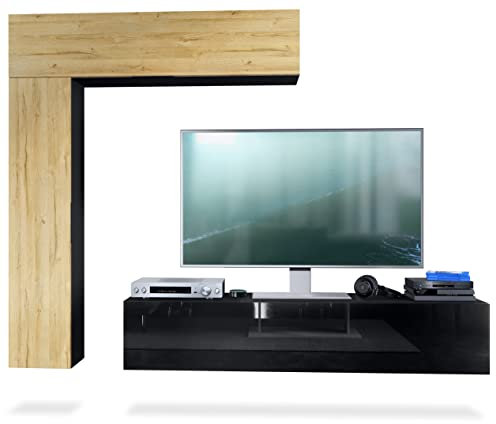 Vladon Wohnwand Taurito, Made in Germany, Schwarz matt/Eiche Natur - Moderne Anbauwand für Ihr Wohnzimmer (320 x 182 x 39 cm)