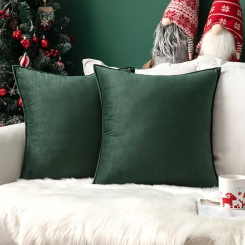 MIULEE 2er Set Samt Kissenbezug Flansch Kissenhülle Dekorative Sofakissen Dekokissen Umwickelte Kante Kissenbezüge Zierkissenbezug für Sofa Wohnzimmer Schlafzimmer 45x45 cm Dunkelgrün