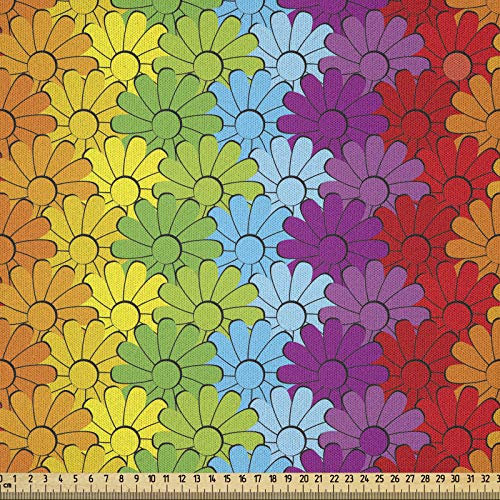 ABAKUHAUS Blumen Stoff als Meterware, Regenbogen farbige Blumen, Microfaser Multi Zweck Dekostoff für Kunsthandwerke, 3M (230x300cm), Rot Grün Blau