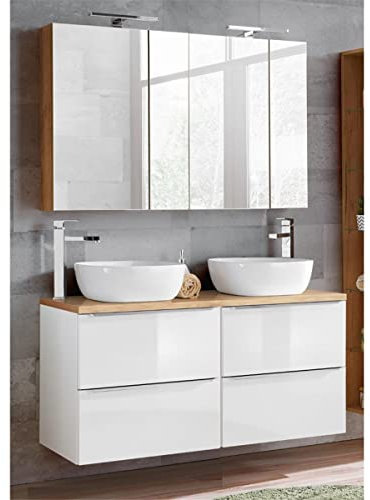 Lomadox Badmöbel Set Hochglanz weiß mit Wotaneiche, Waschtischunterschrank inkl. 2 Keramik Aufsatzwaschbecken & 120cm Doppel-LED-Spiegelschrank
